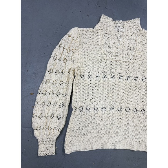 Vintage 1960s Ivory Crochet Puff Sleeve Collared LS Top - Picture 8 of 9